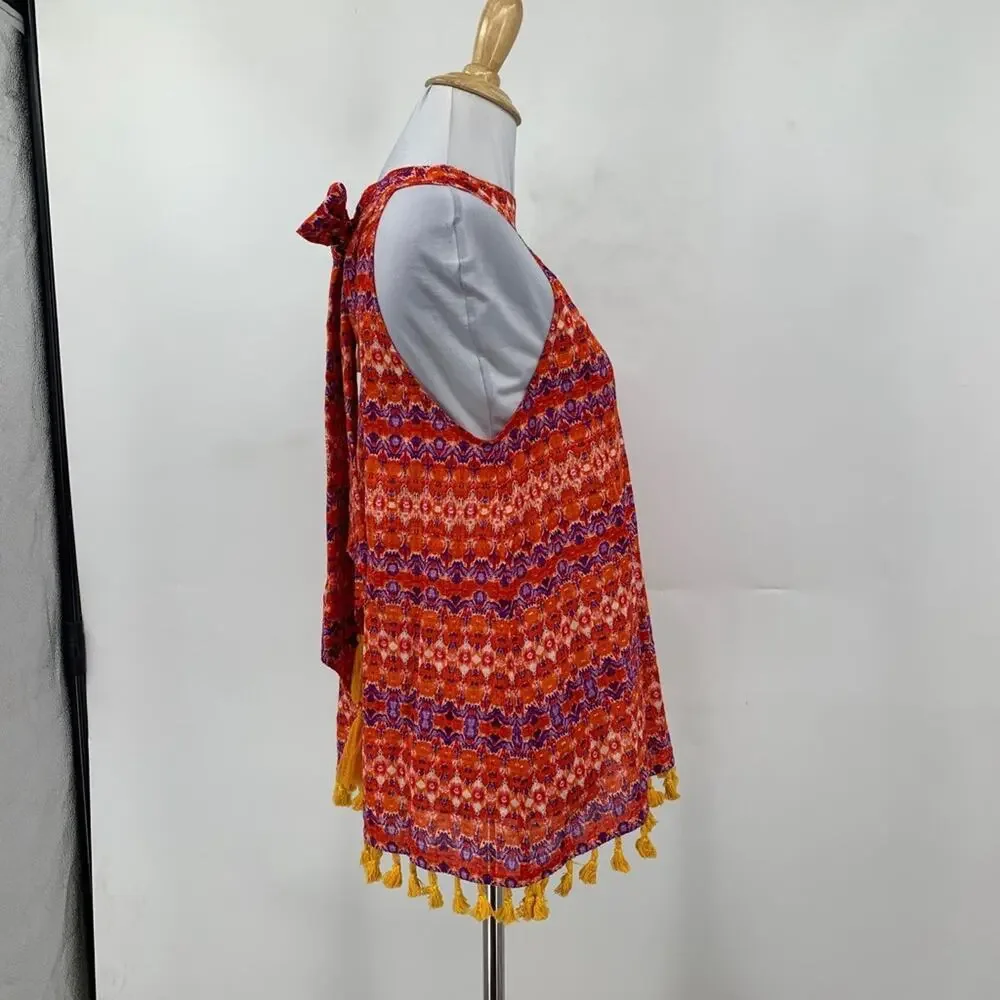 THML Top Womens S Small Red Orange Multi Halter Big Bow Tie Back Tassels Hem